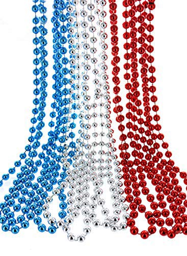 GiftExpress 33" 7mm Metallic Red/Silver/Blue Beaded Necklaces Bulk Mardi Gras Party Beads Necklaces July 4th Party Beaded Necklaces