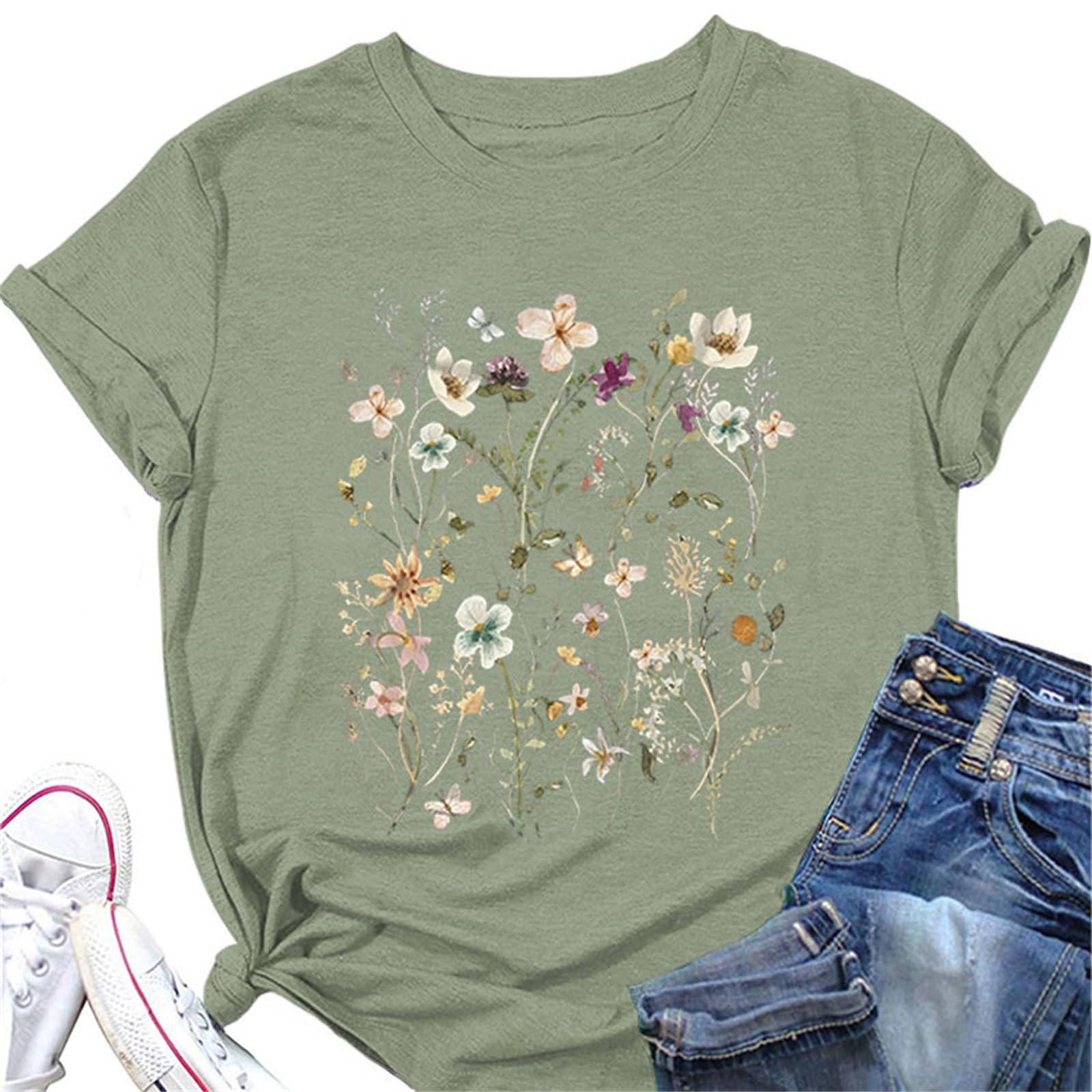 Womens Vintage Floral Pattern Shirt Boho Short Sleeve T-Shirt Cute Dandelion Plant Wildflower Shirt Gardening Lover Shirt