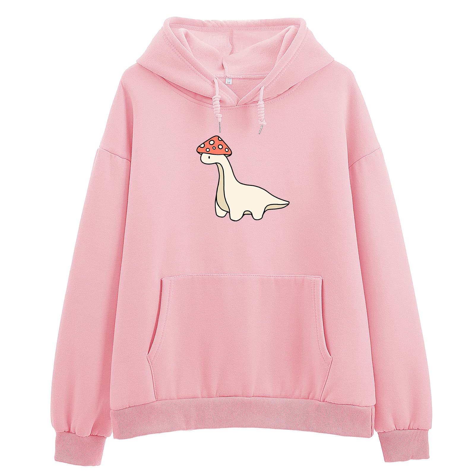 Weetiotio Oversized Cute Mushroom Dino Print Hoodies for Womens Kawaii Cartoon Sweatshirt Teen Girls Cotton Fleece Sweaters (PinkXLX-Large)