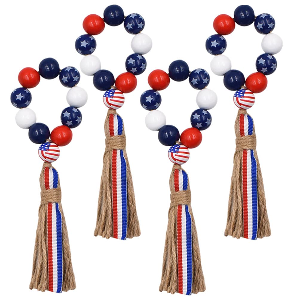 Milisten 4pcs 4th of July Napkin Rings Patriotic Wood Bead Napkin Holder Ring with Rope Tassel Farmhouse Wooden Beads Garland Wall Hanging Decor for Independence Day
