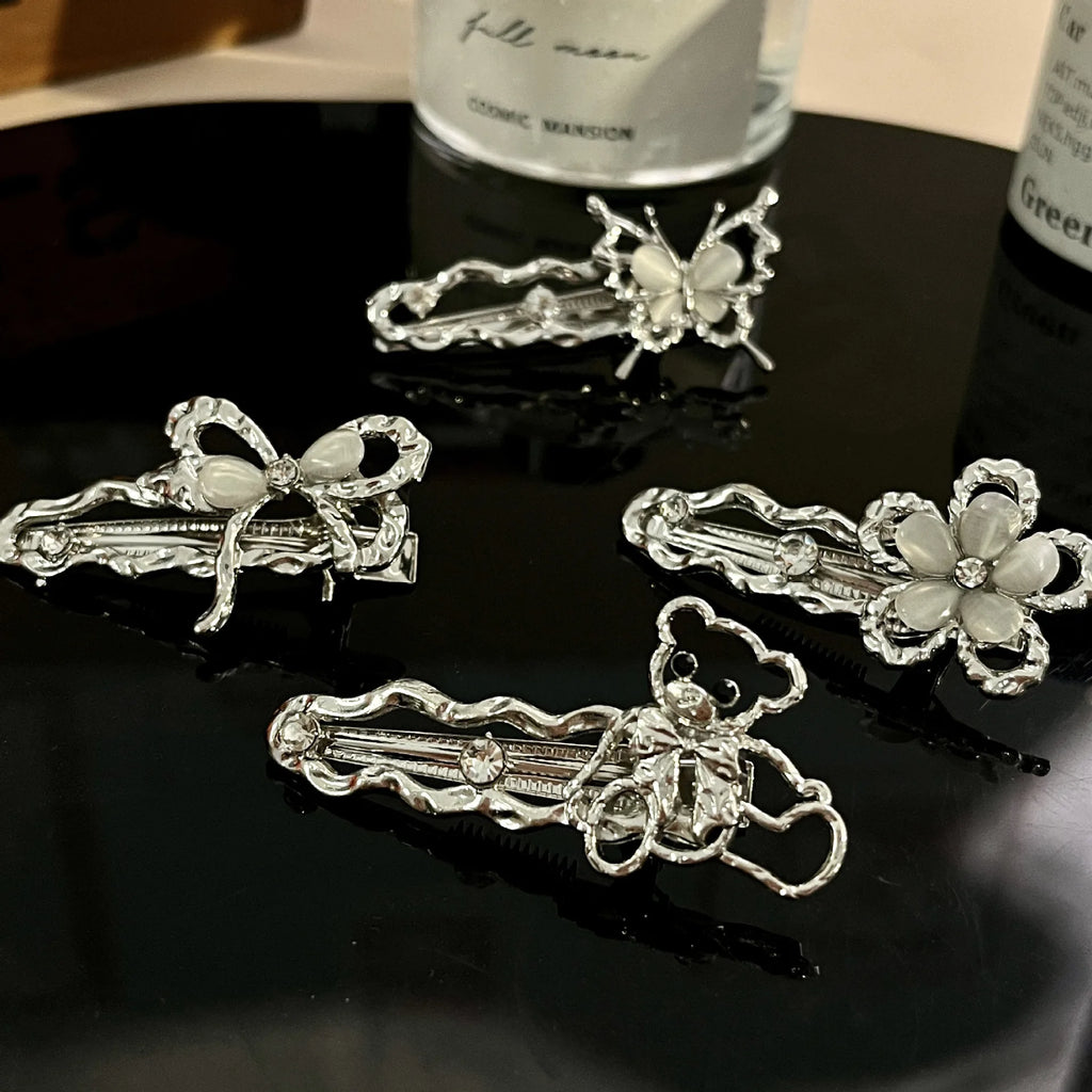 Y2K Liquid Metal Butterfly Hairpin – Zircon Bang Clip for Women