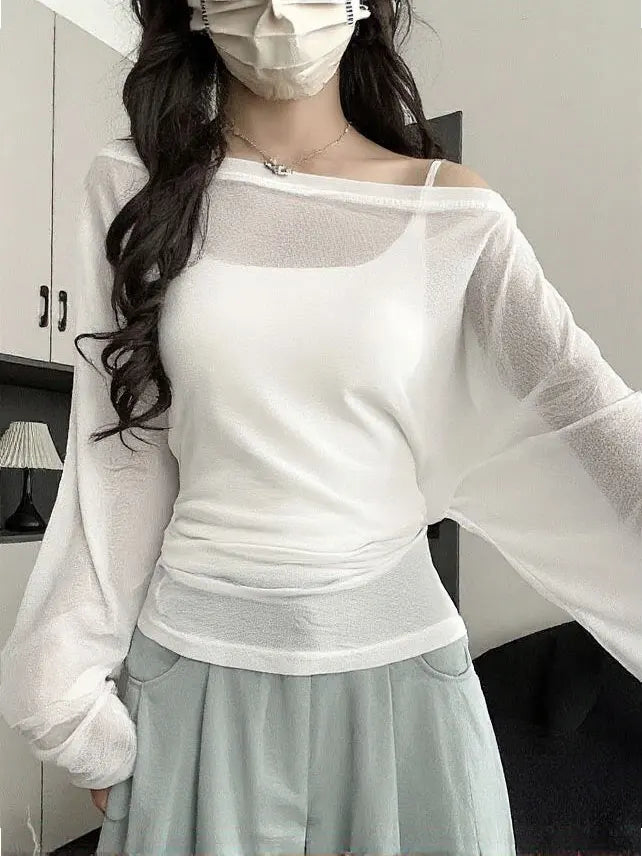 See-Through Long Sleeve Oversized T-Shirt Women – Off Shoulder Bandage Top