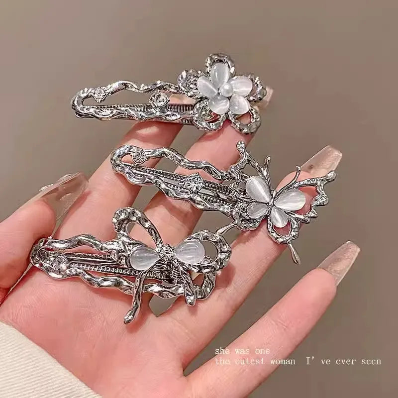 Y2K Liquid Metal Butterfly Hairpin – Zircon Bang Clip for Women