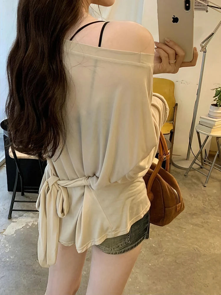 See-Through Long Sleeve Oversized T-Shirt Women – Off Shoulder Bandage Top