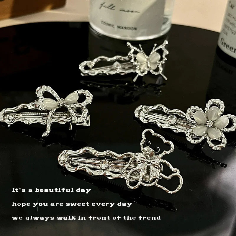 Y2K Liquid Metal Butterfly Hairpin – Zircon Bang Clip for Women