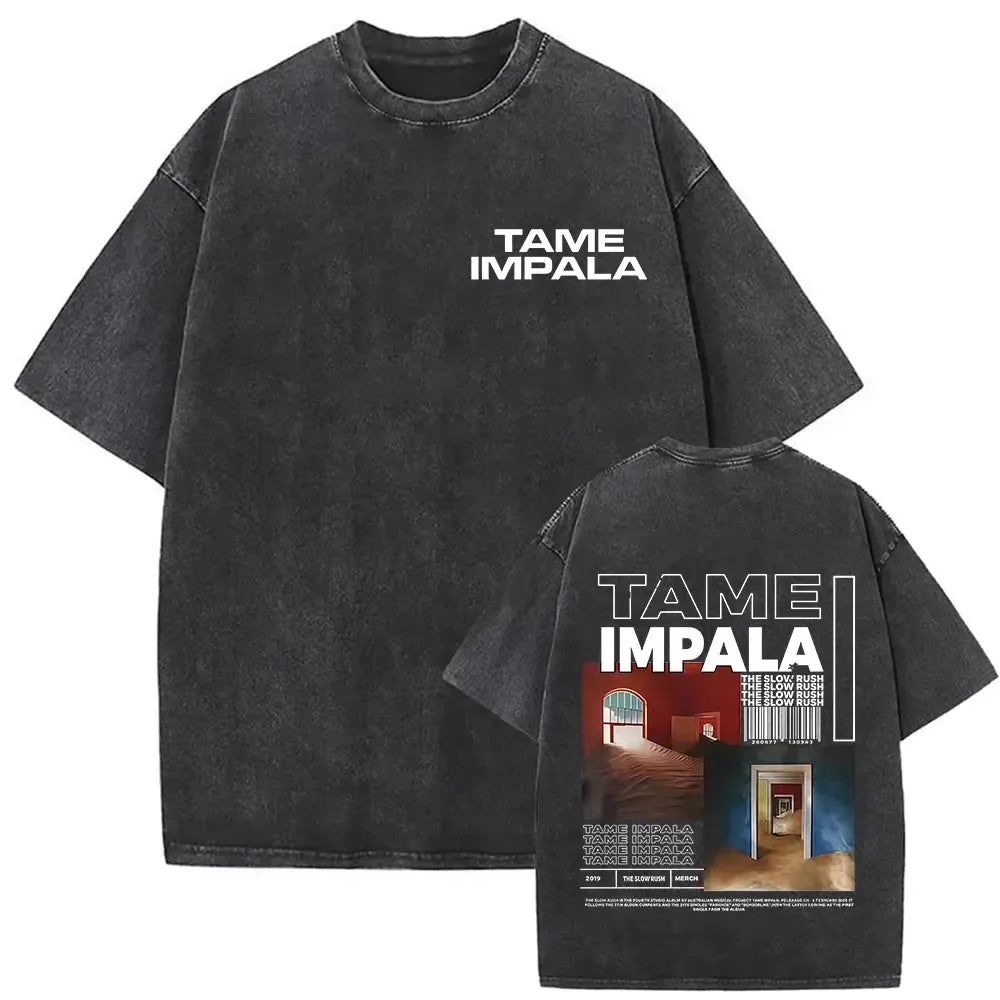 Mens Vintage Oversized Washed Short Sleeve T-shirt Tame Impala Rock Band Deadbeat Tour 2025 Album Hip Hop Fans Gift T-shirts