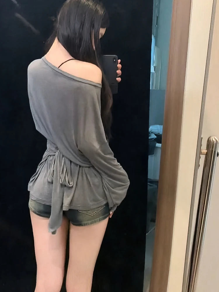 See-Through Long Sleeve Oversized T-Shirt Women – Off Shoulder Bandage Top