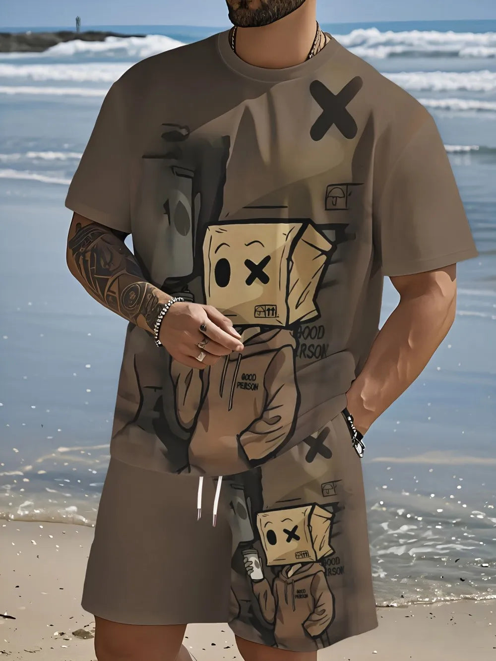 Summer fashion men's cartoon cardboard doll print breathable round neck T-shirt shorts set outdoor street casual two-piece set