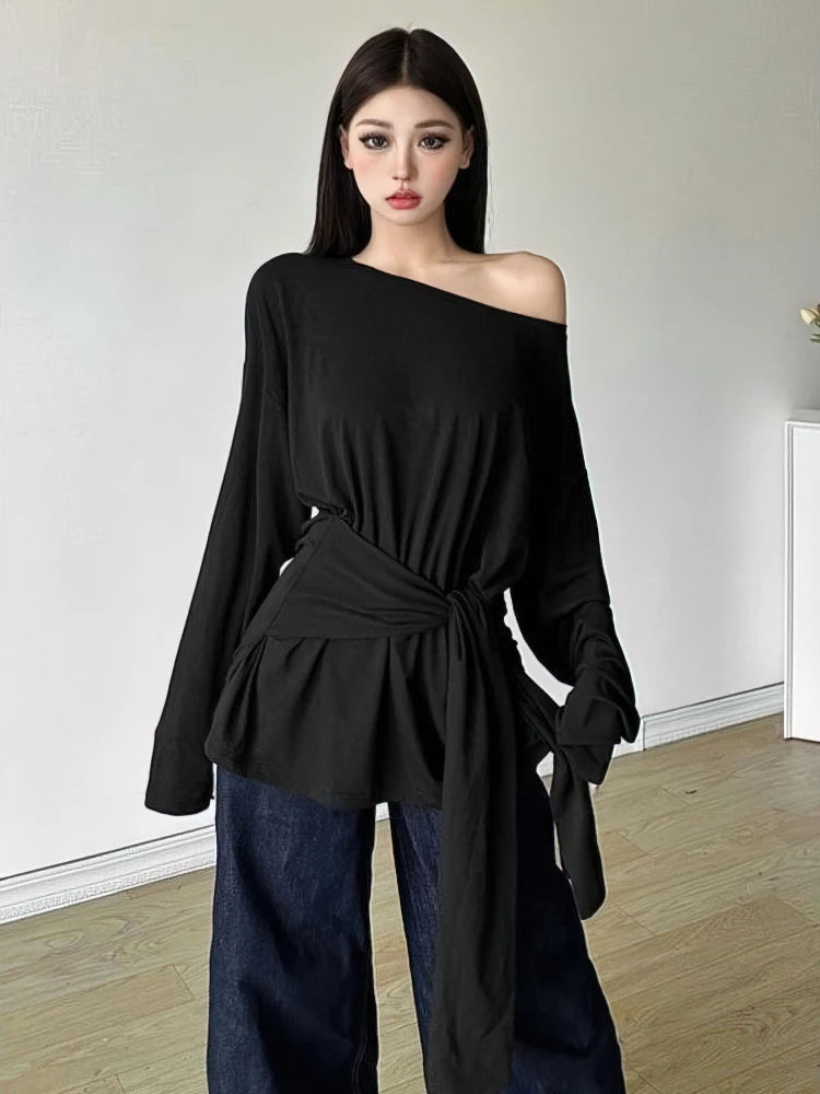 See-Through Long Sleeve Oversized T-Shirt Women – Off Shoulder Bandage Top