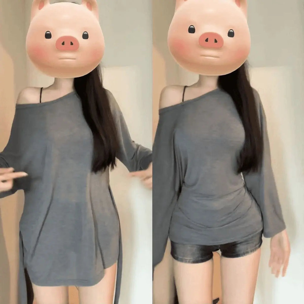 See-Through Long Sleeve Oversized T-Shirt Women – Off Shoulder Bandage Top