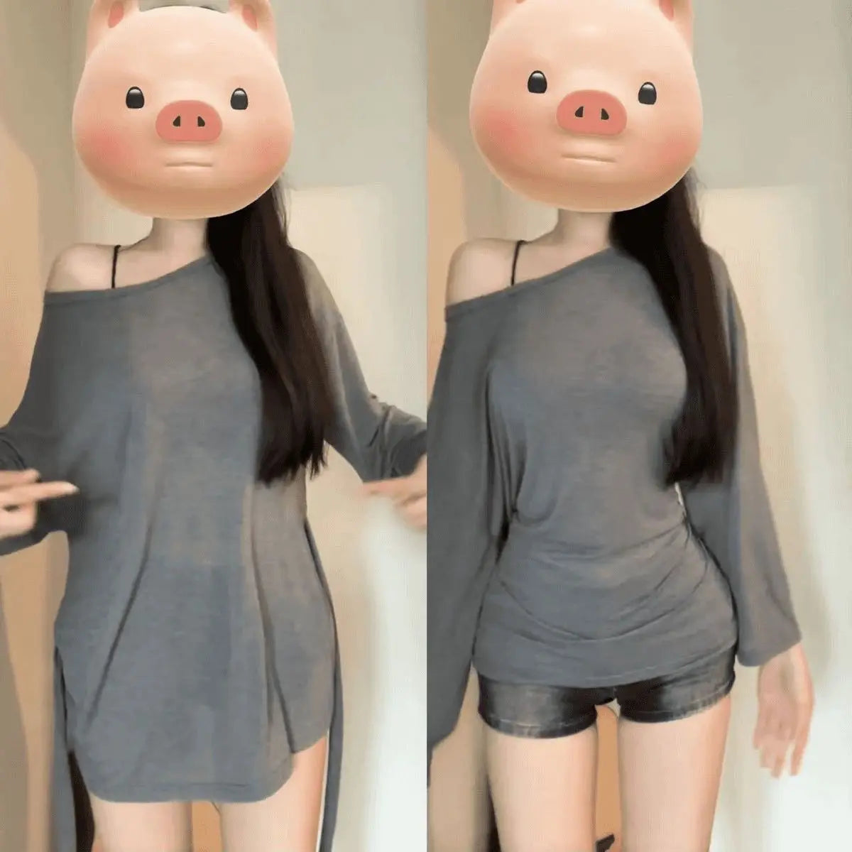 See-Through Long Sleeve Oversized T-Shirt Women – Off Shoulder Bandage Top