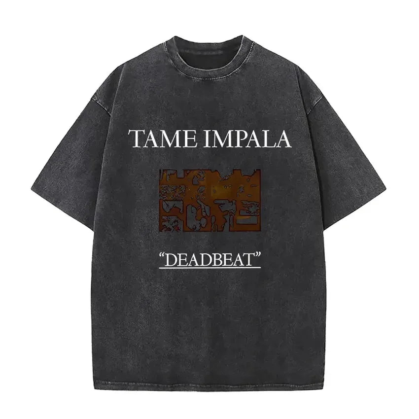 Mens Vintage Oversized Washed Short Sleeve T-shirt Tame Impala Rock Band Deadbeat Tour 2025 Album Hip Hop Fans Gift T-shirts