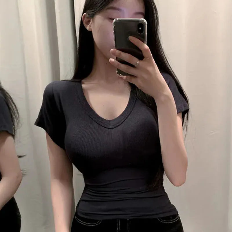 Women's Skinny Crop Top Short Sleeve T-Shirt – Black & White Basics