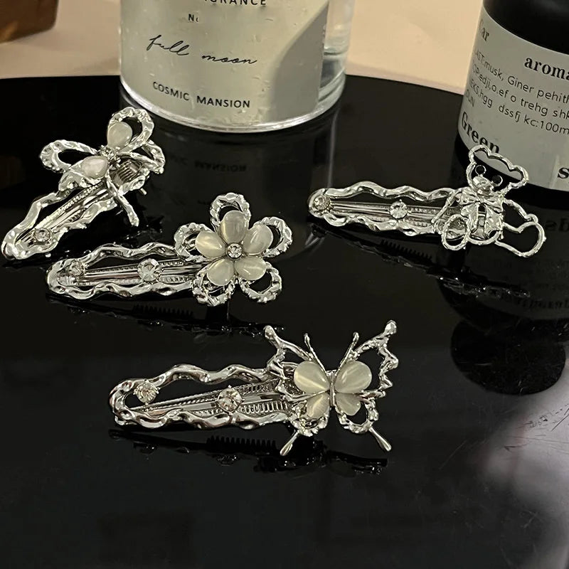 Y2K Liquid Metal Butterfly Hairpin – Zircon Bang Clip for Women