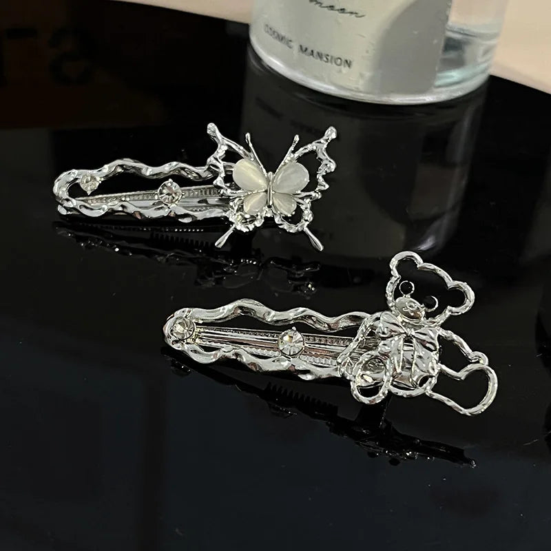 Y2K Irregular Liquid Metal Hairpin Butterfly Zircon Hair Clips Girl Bang Clip for Women Hair Accessories Fashion Silver Blue New