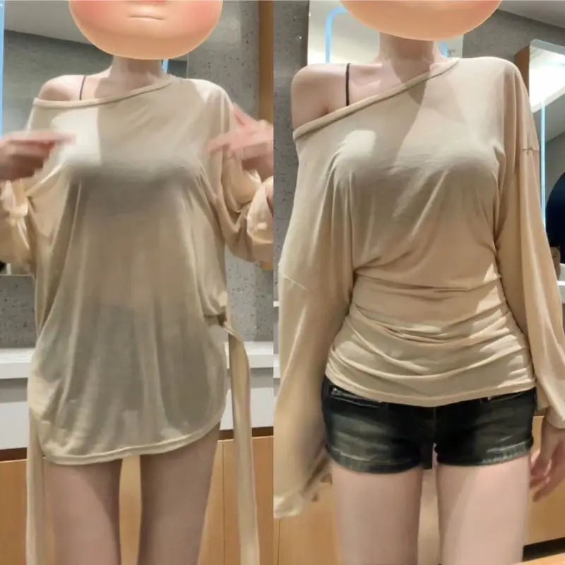 See-Through Long Sleeve Oversized T-Shirt Women – Off Shoulder Bandage Top