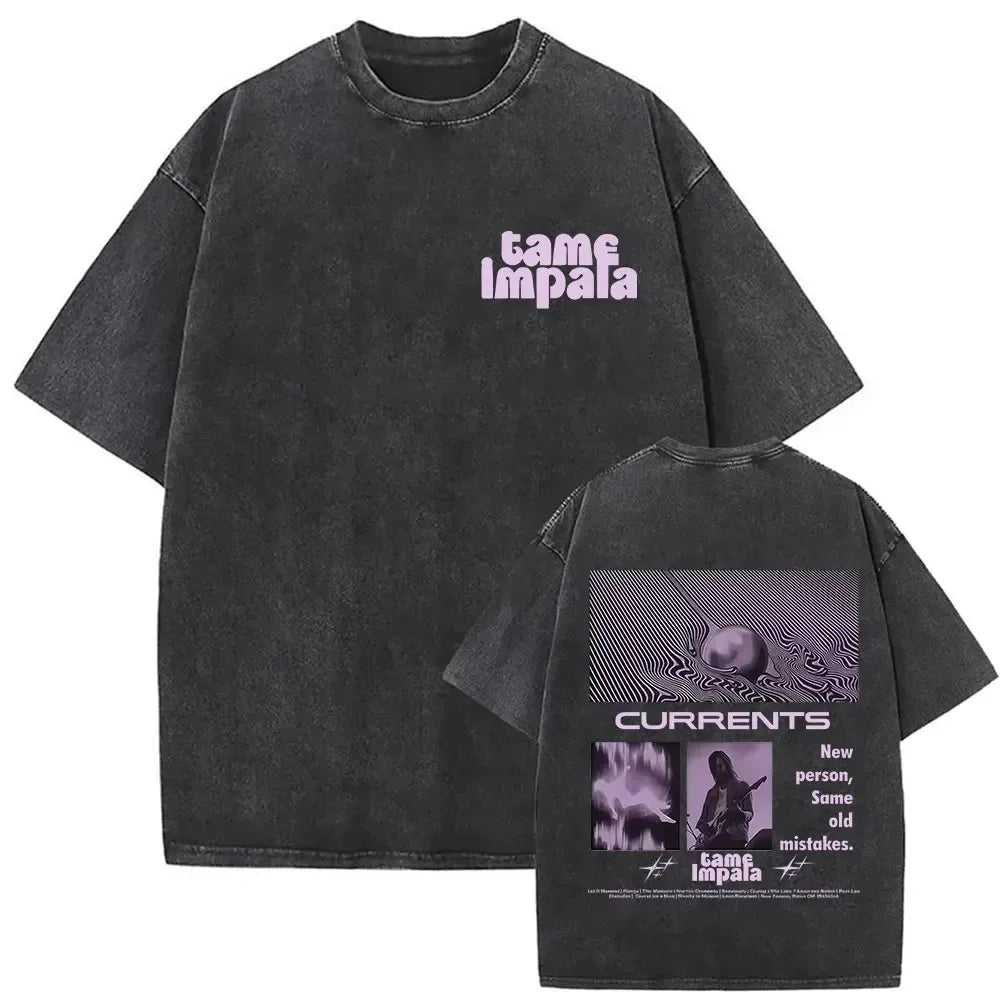 Mens Vintage Oversized Washed Short Sleeve T-shirt Tame Impala Rock Band Deadbeat Tour 2025 Album Hip Hop Fans Gift T-shirts