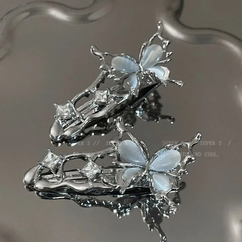 Y2K Liquid Metal Butterfly Hairpin – Zircon Bang Clip for Women