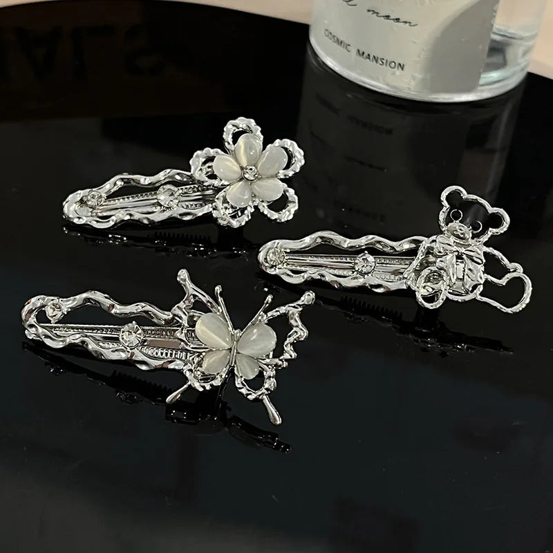 Y2K Liquid Metal Butterfly Hairpin – Zircon Bang Clip for Women