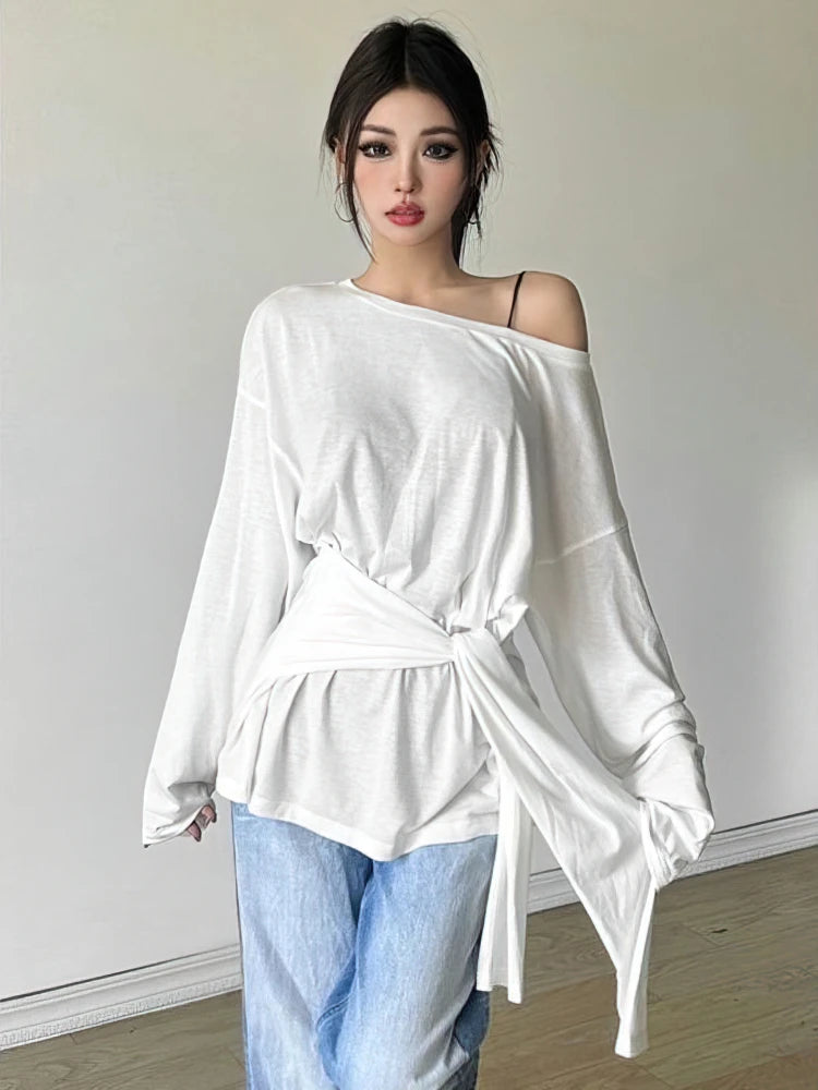 See-Through Long Sleeve Oversized T-Shirt Women – Off Shoulder Bandage Top
