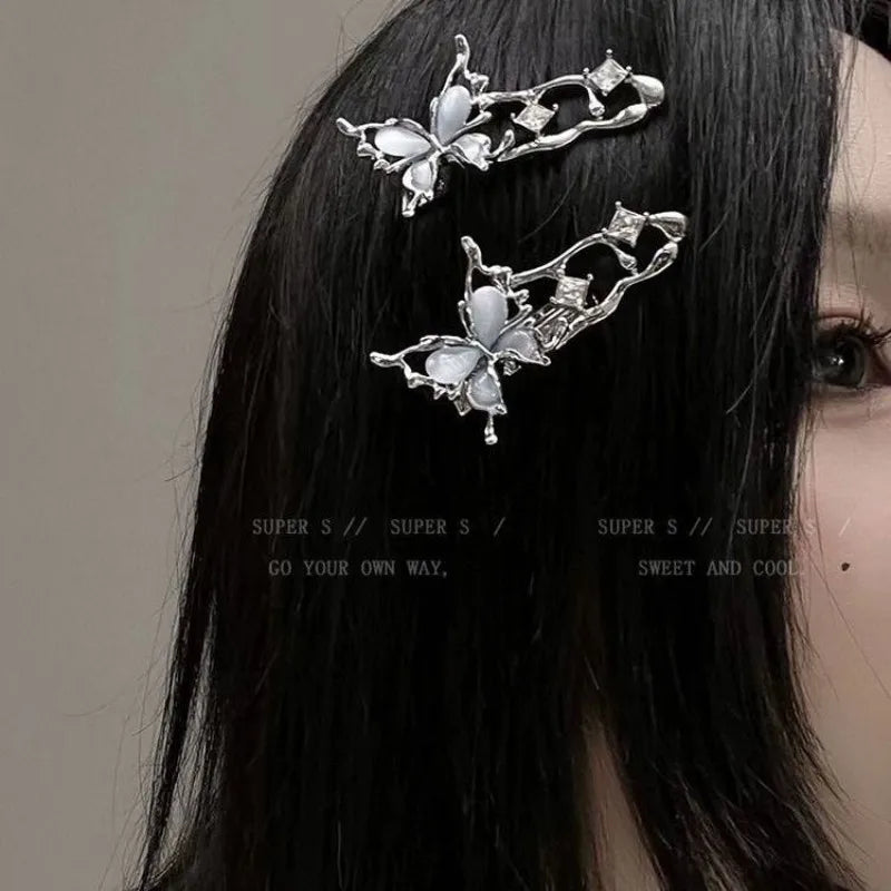 Y2K Liquid Metal Butterfly Hairpin – Zircon Bang Clip for Women