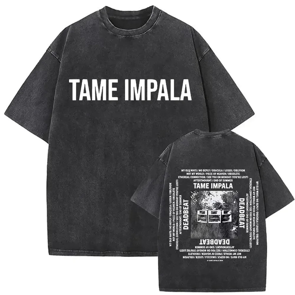 Mens Vintage Oversized Washed Short Sleeve T-shirt Tame Impala Rock Band Deadbeat Tour 2025 Album Hip Hop Fans Gift T-shirts