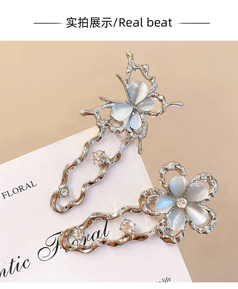 Y2K Liquid Metal Butterfly Hairpin – Zircon Bang Clip for Women
