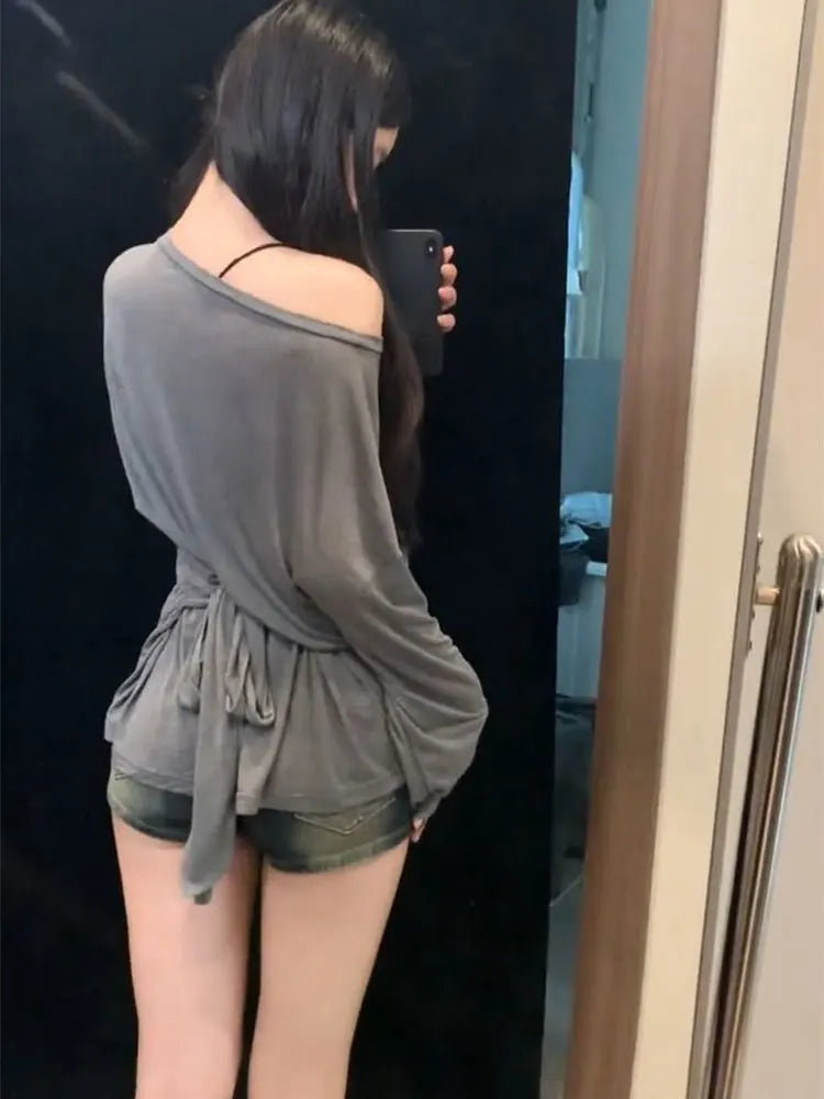 See-Through Long Sleeve Oversized T-Shirt Women – Off Shoulder Bandage Top