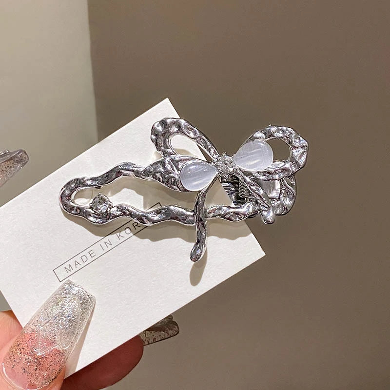 Y2K Liquid Metal Butterfly Hairpin – Zircon Bang Clip for Women