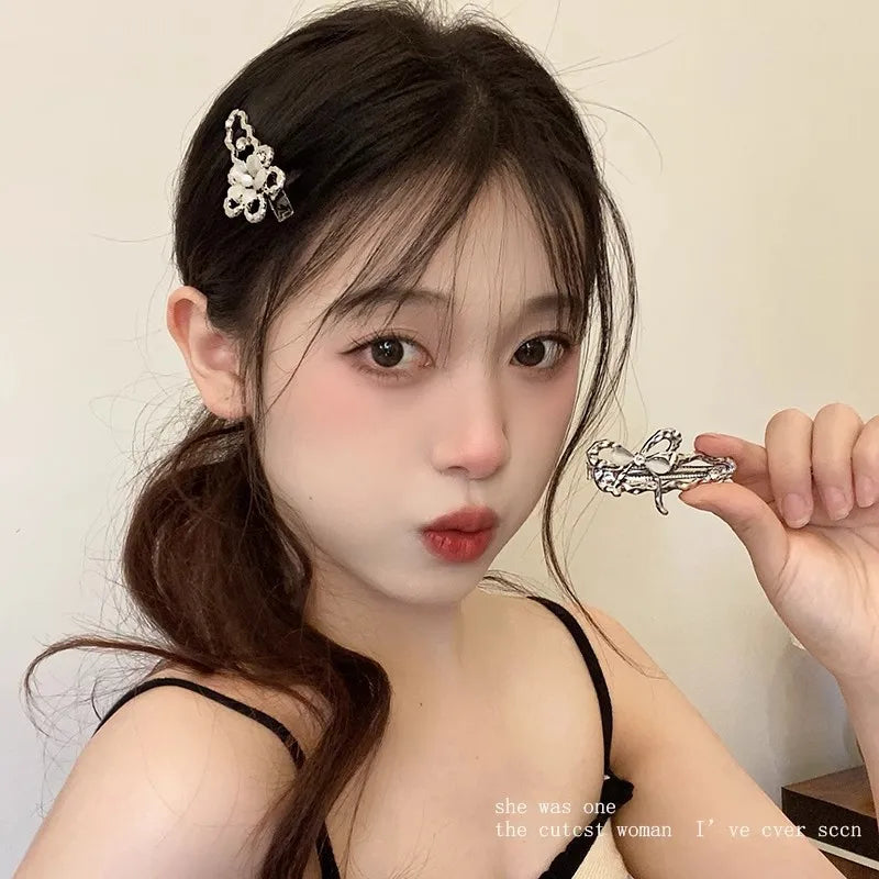 Y2K Liquid Metal Butterfly Hairpin – Zircon Bang Clip for Women