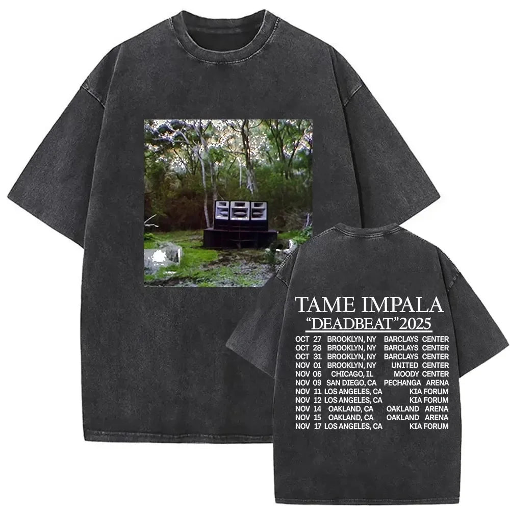 Mens Vintage Oversized Washed Short Sleeve T-shirt Tame Impala Rock Band Deadbeat Tour 2025 Album Hip Hop Fans Gift T-shirts