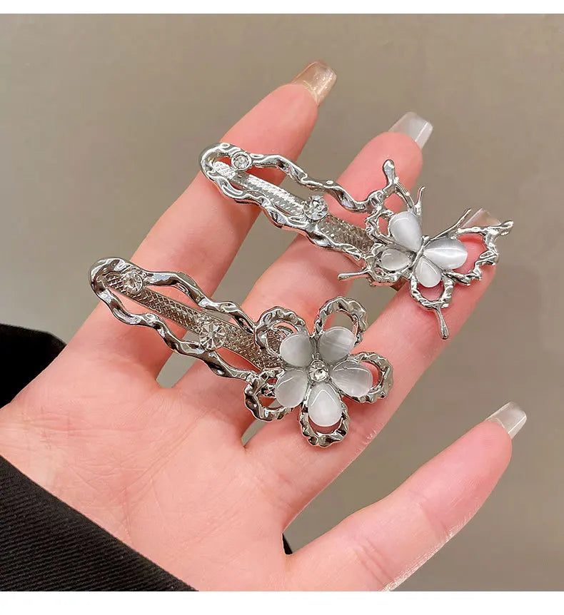 Y2K Liquid Metal Butterfly Hairpin – Zircon Bang Clip for Women