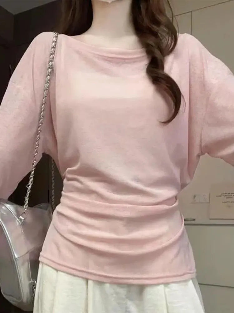 See-Through Long Sleeve Oversized T-Shirt Women – Off Shoulder Bandage Top