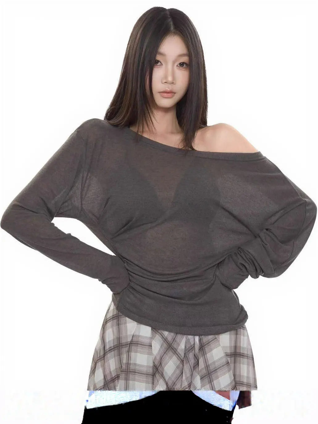 See-Through Long Sleeve Oversized T-Shirt Women – Off Shoulder Bandage Top