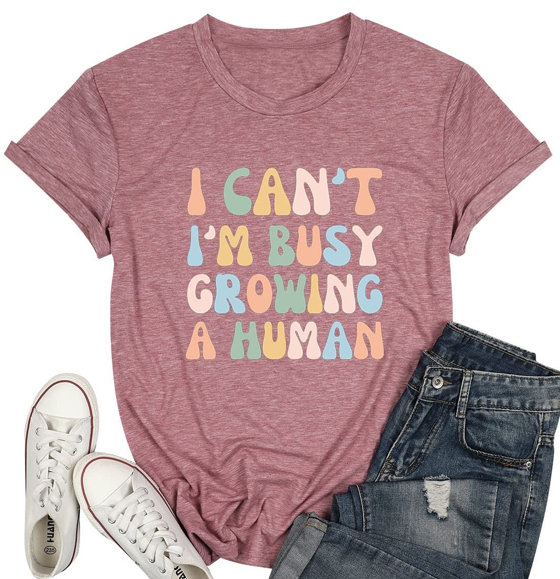 Tewmeu Mama Shirt for Women I Cant Im Busy Growing A Human Shirt Funny Pregnancy Shirt Pink