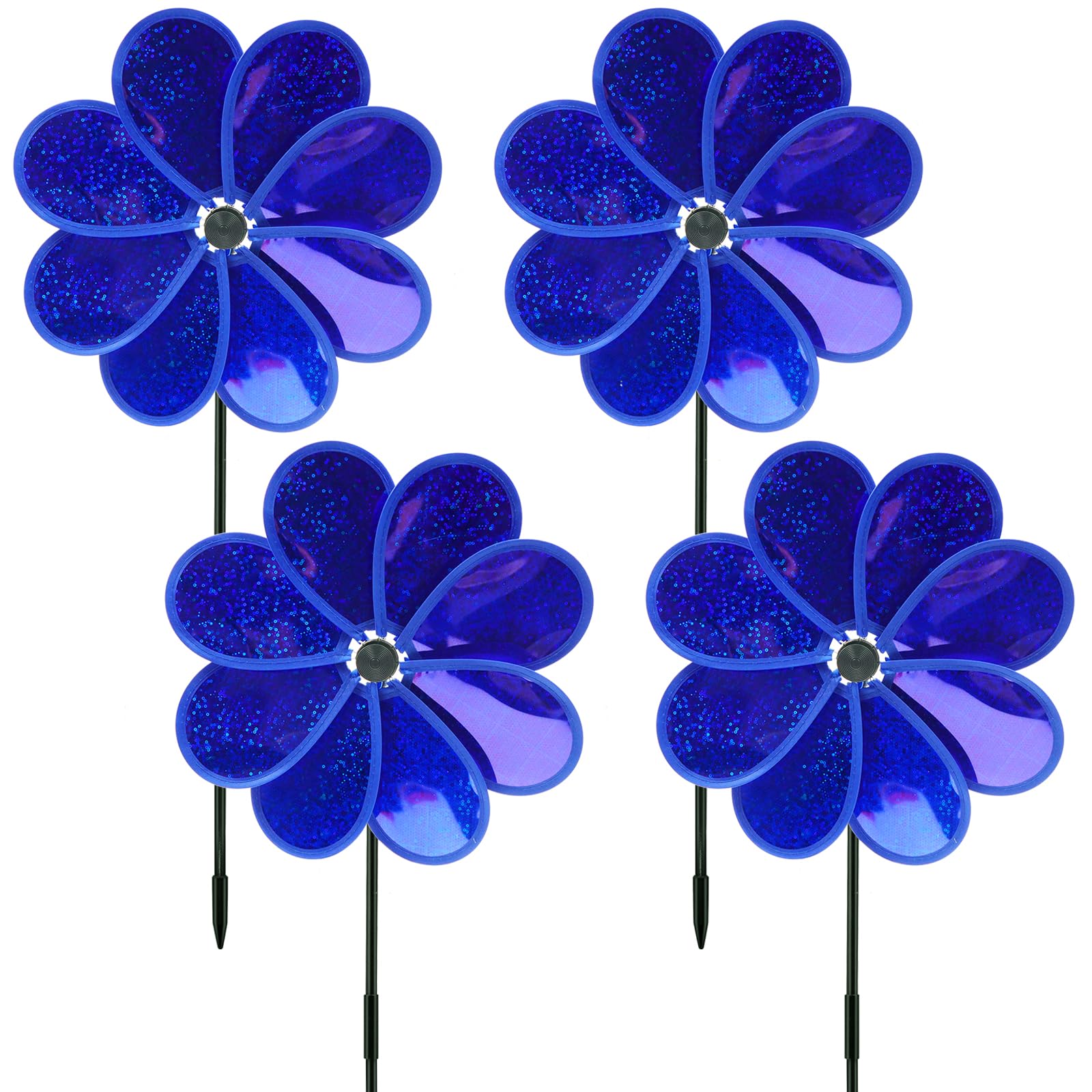 4PCS Flower Wind Spinner Sparkly Lawn Pinwheel 11.8 inch Dark Blue Garden Windmill for 4th of July Garden Party Outdoor Yard Decor
