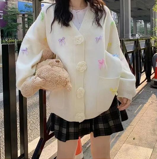 Ladies' Bow-Knit Sweater Cardigan